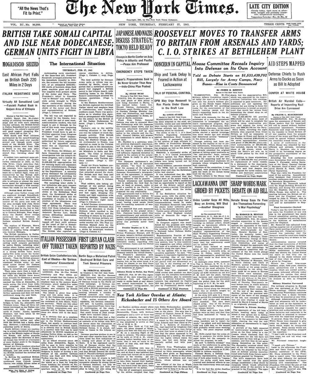 Thursday, February 27, 1941 – The New York Times Front Page