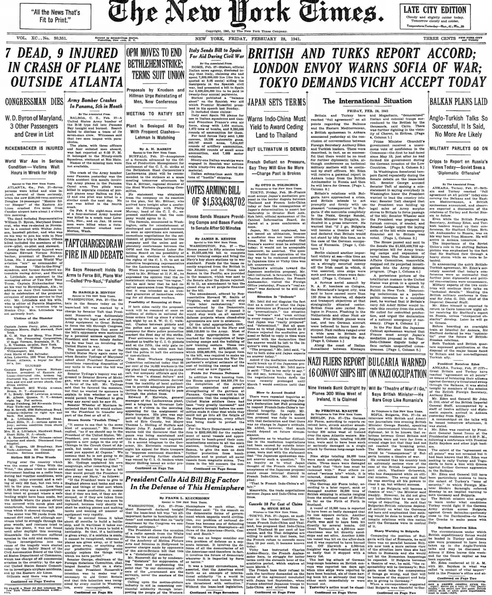 Friday, February 28, 1941 – The New York Times Front Page