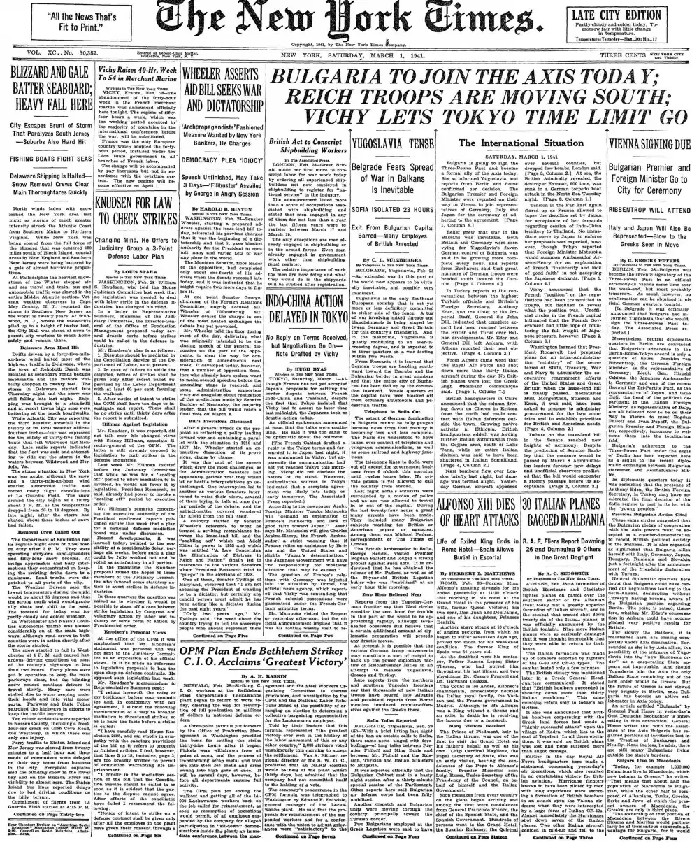 Saturday, March 1, 1941 – The New York Times Front Page