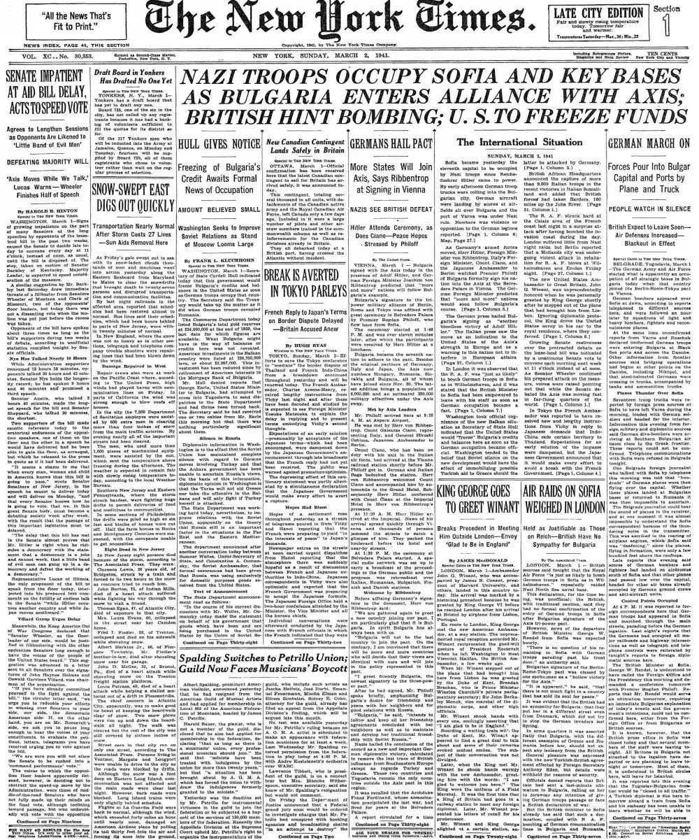Sunday, March 2, 1941 – The New York Times Front Page