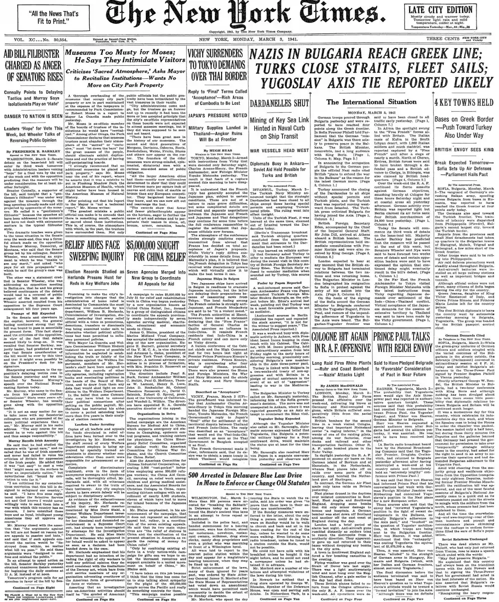 Monday, March 3, 1941 – The New York Times Front Page