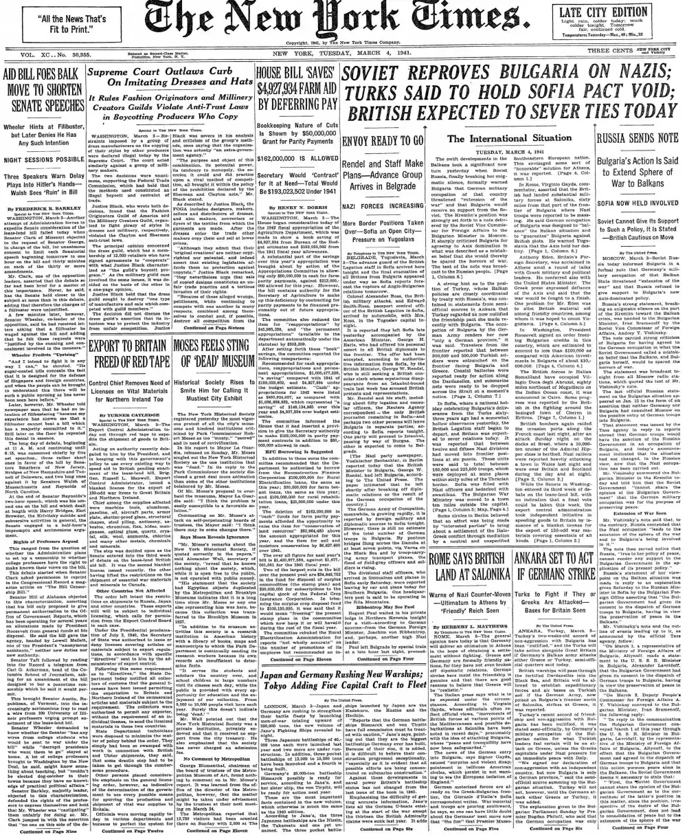 Tuesday, March 4, 1941 – The New York Times Front Page