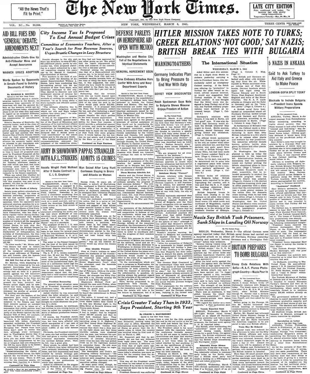 Wednesday, March 5, 1941 – The New York Times Front Page