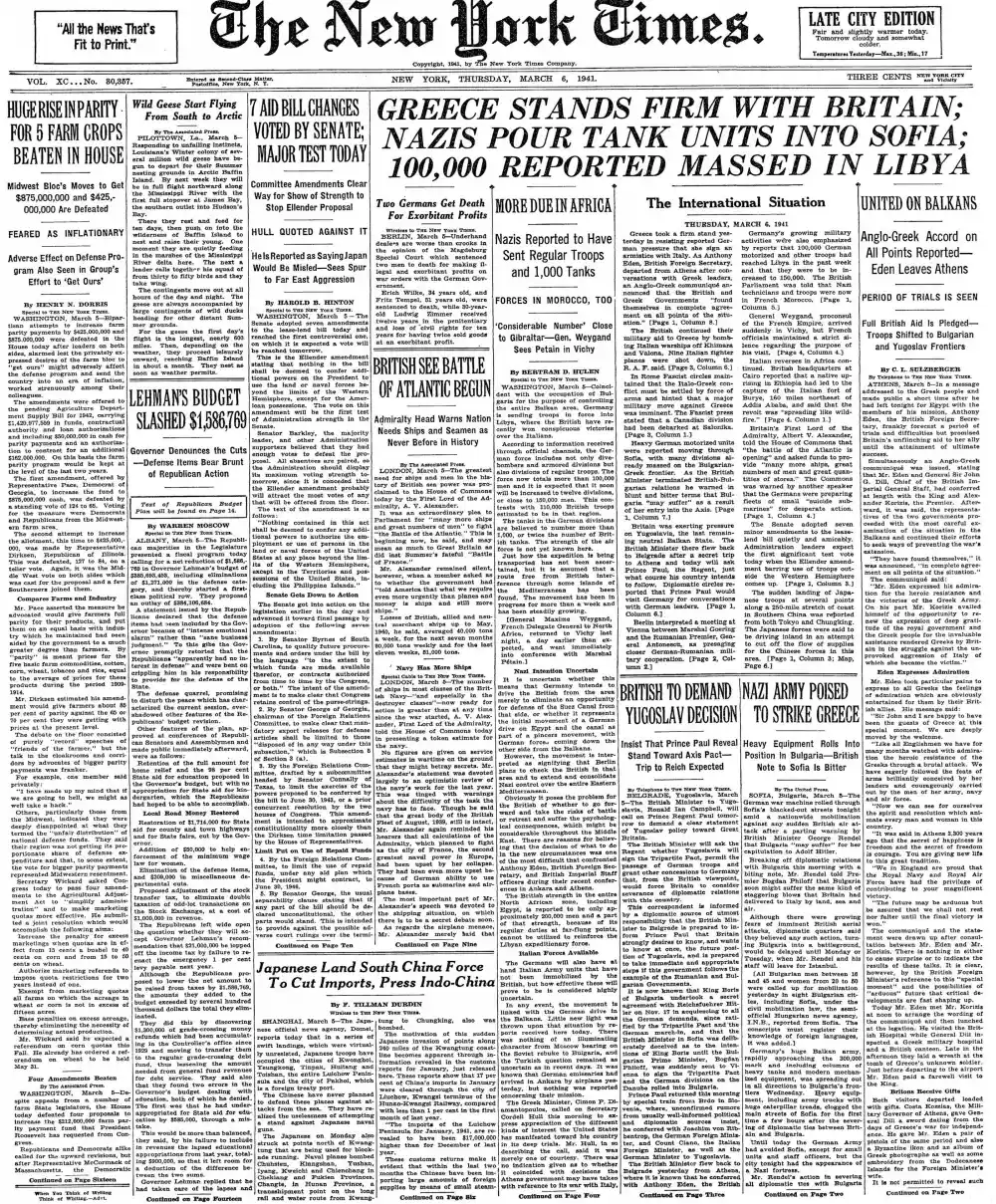 Thursday, March 6, 1941 – The New York Times Front Page