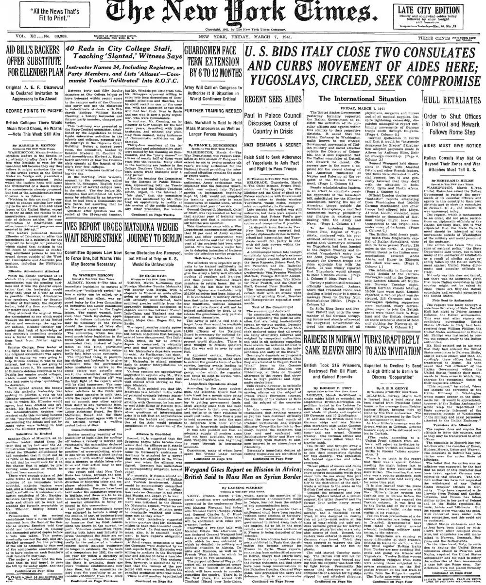 Friday, March 7, 1941 – The New York Times Front Page