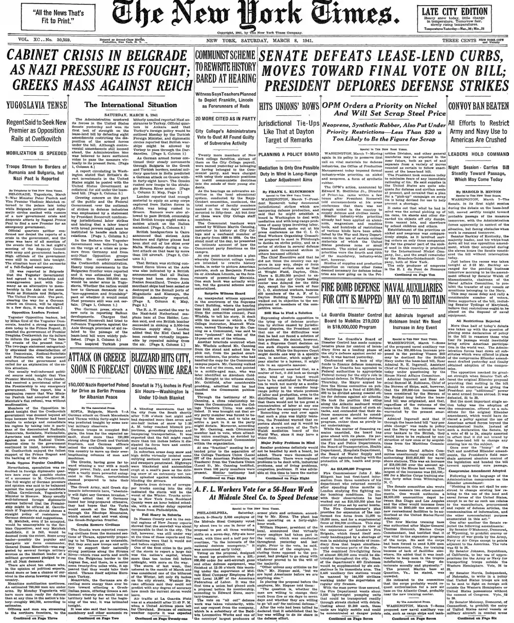 Saturday, March 8, 1941 – The New York Times Front Page