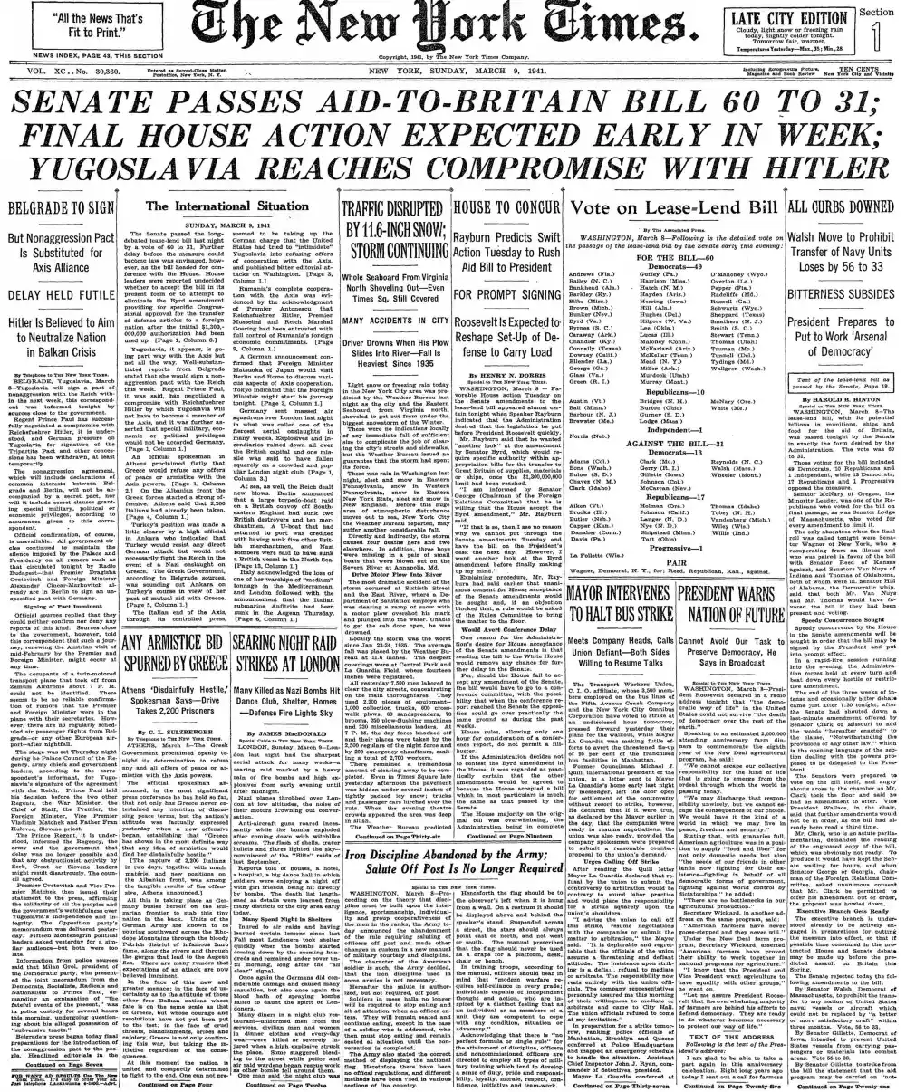 Sunday, March 9, 1941 – The New York Times Front Page