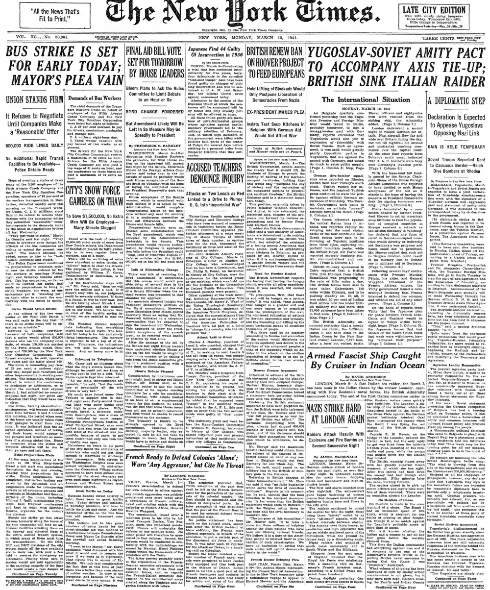 Monday, March 10, 1941 – The New York Times Front Page