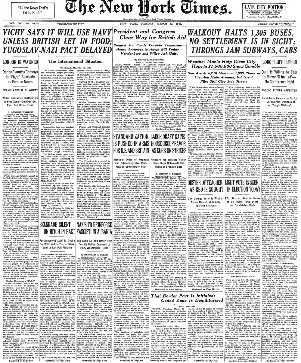 Tuesday, March 11, 1941 – The New York Times Front Page