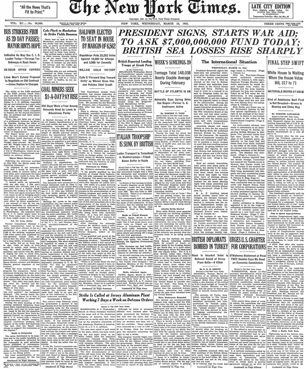 Wednesday, March 12, 1941 – The New York Times Front Page