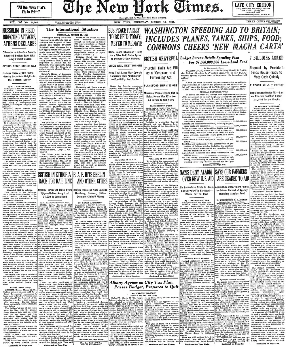 Thursday, March 13, 1941 – The New York Times Front Page