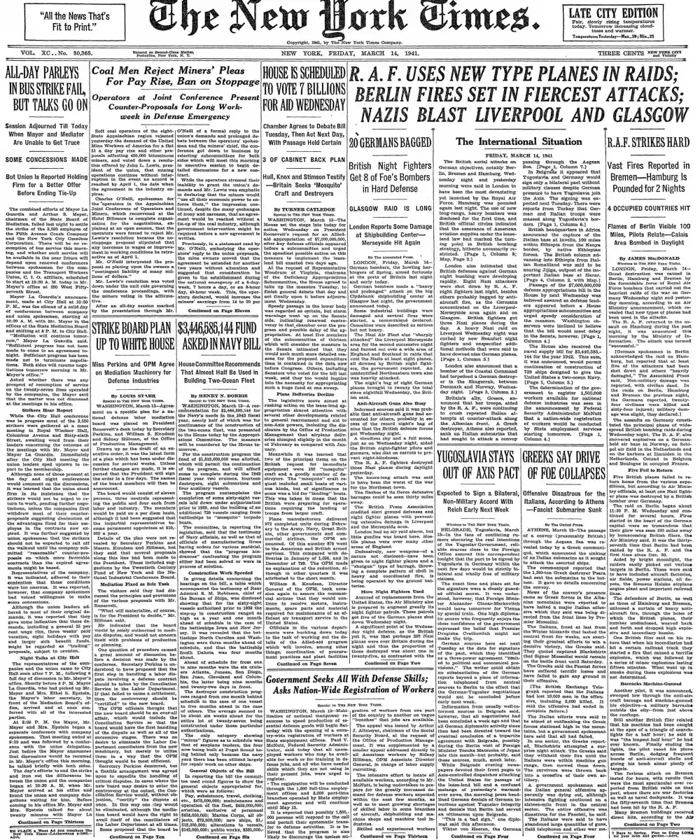 Friday, March 14, 1941 – The New York Times Front Page