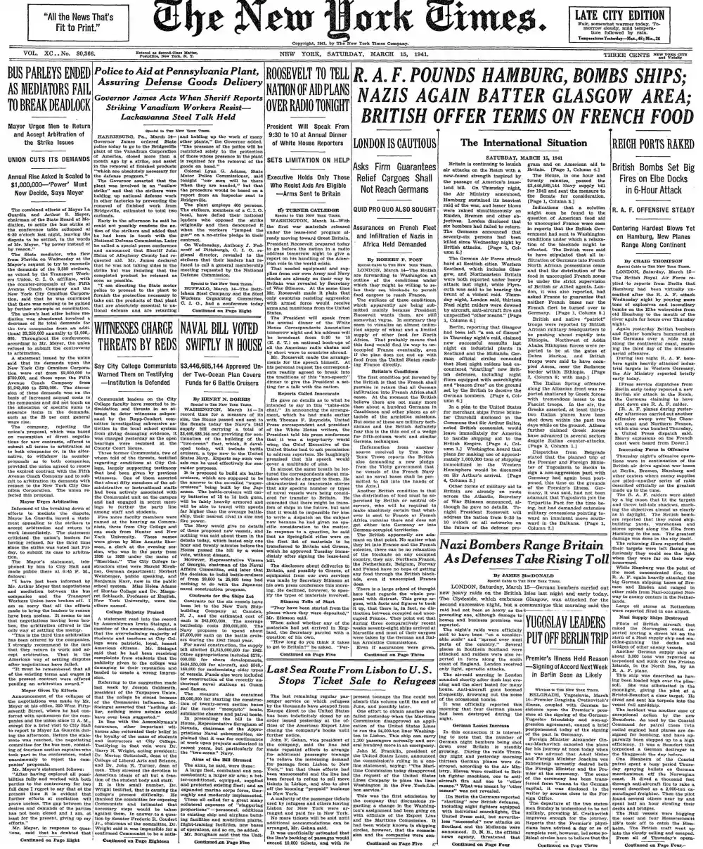 Saturday, March 15, 1941 – The New York Times Front Page