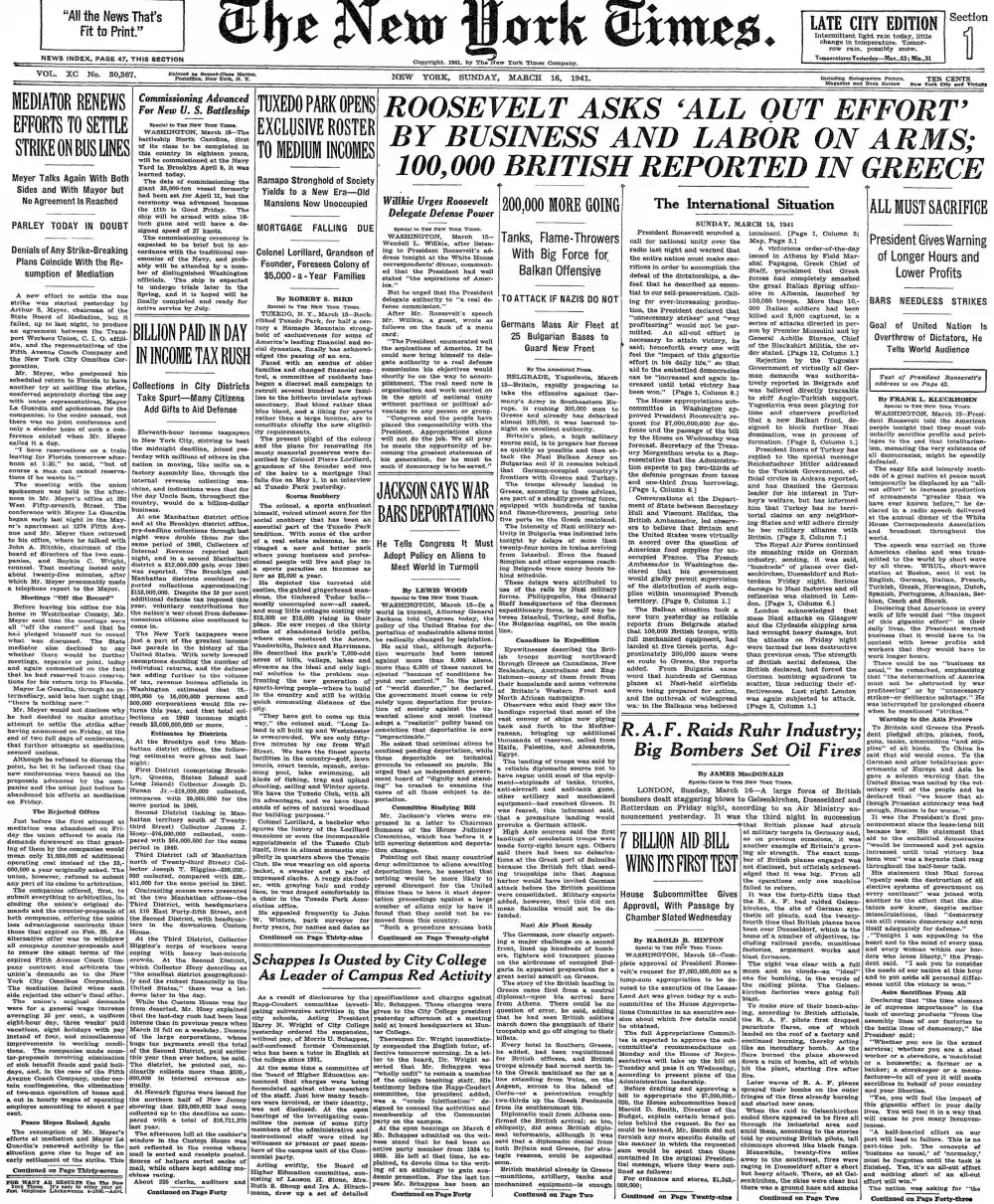 Sunday, March 16, 1941 – The New York Times Front Page