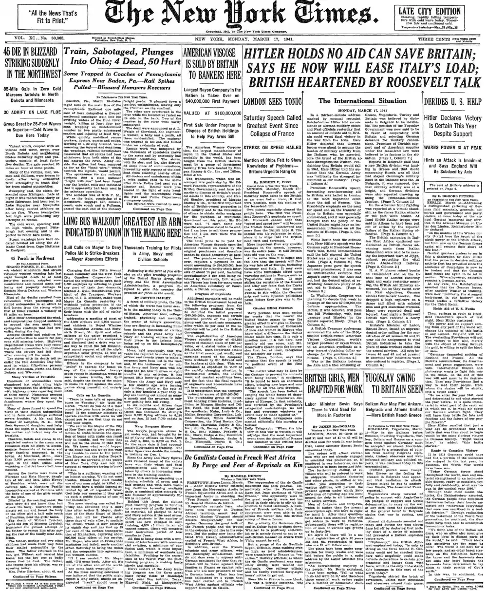 Monday, March 17, 1941 – The New York Times Front Page