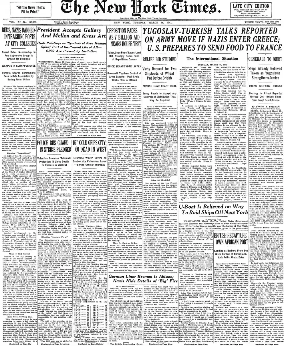 Tuesday, March 18, 1941 – The New York Times Front Page