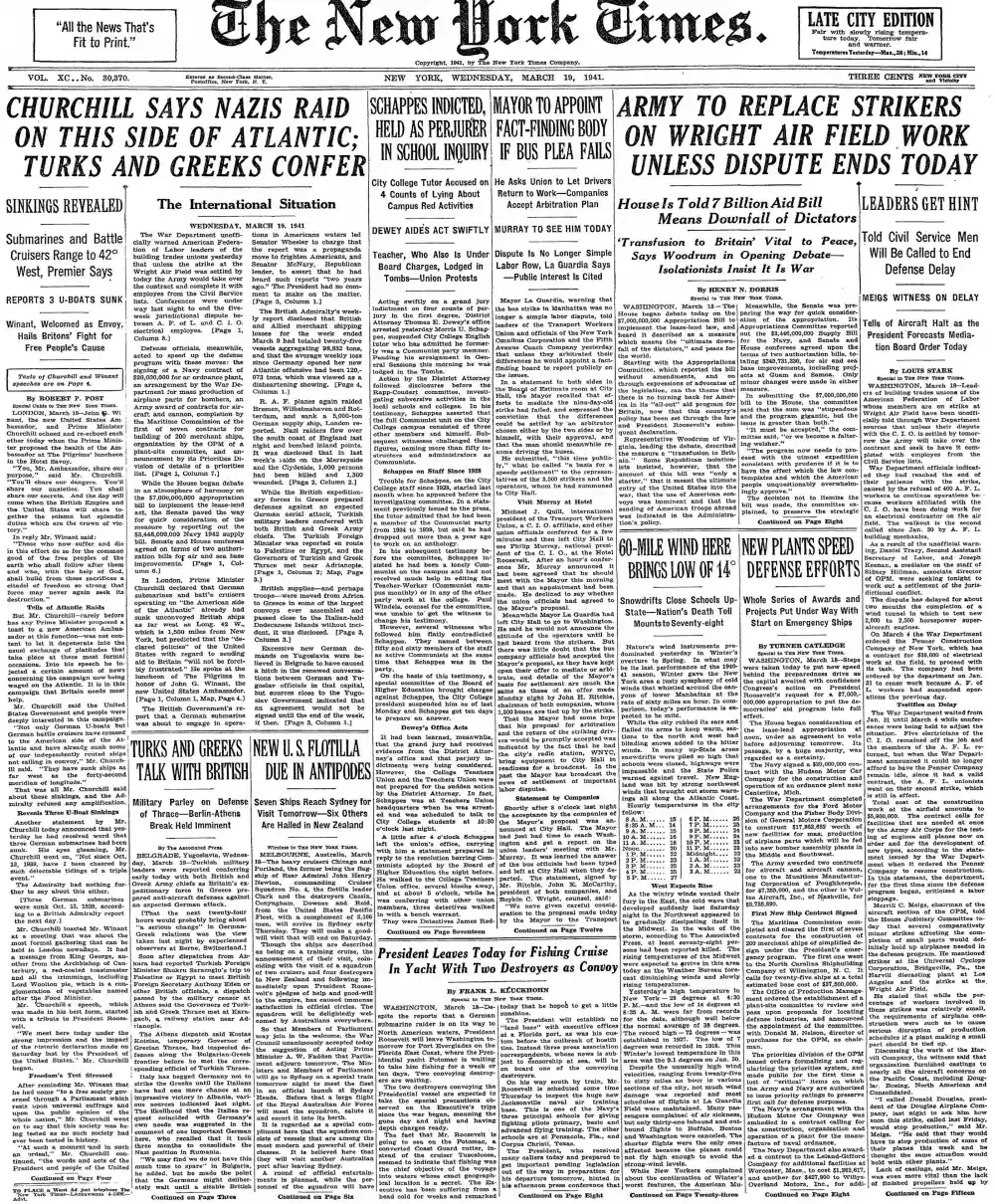 Wednesday, March 19, 1941 – The New York Times Front Page