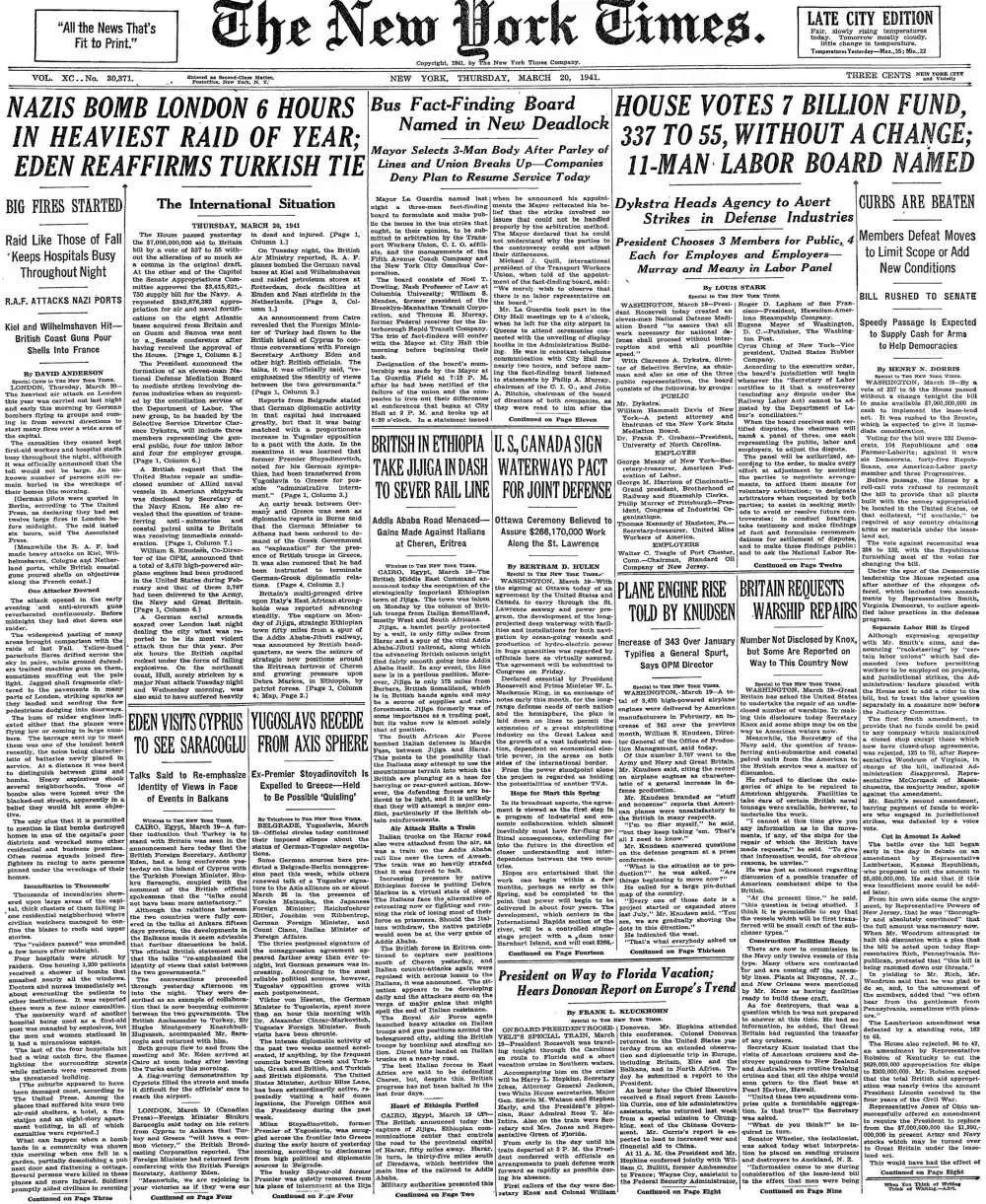 Thursday, March 20, 1941 – The New York Times Front Page