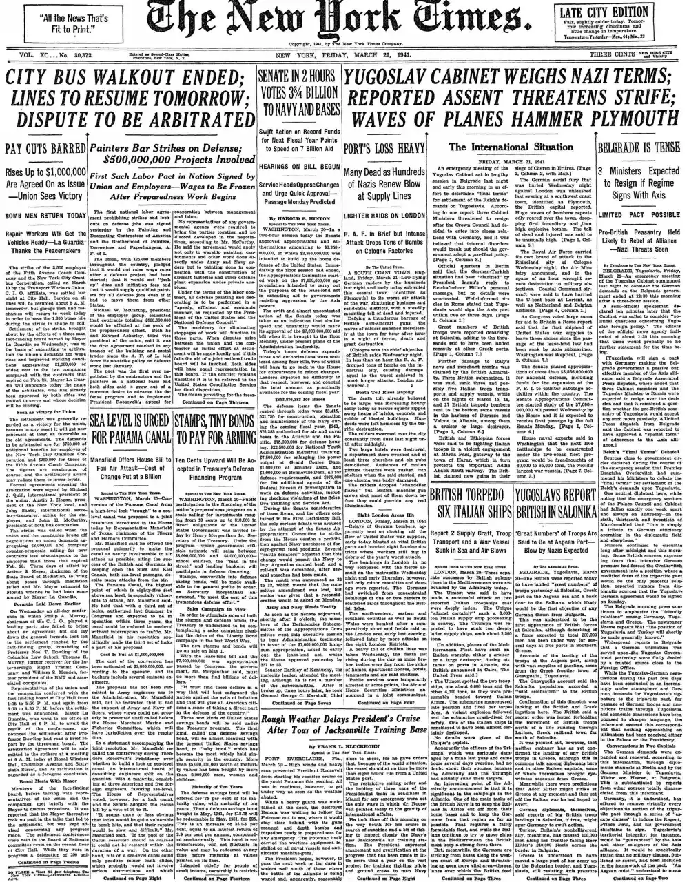 Friday, March 21, 1941 – The New York Times Front Page