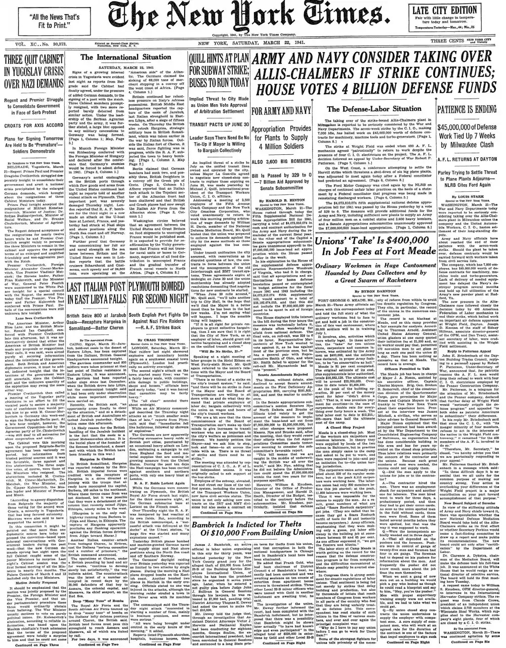 Saturday, March 22, 1941 – The New York Times Front Page