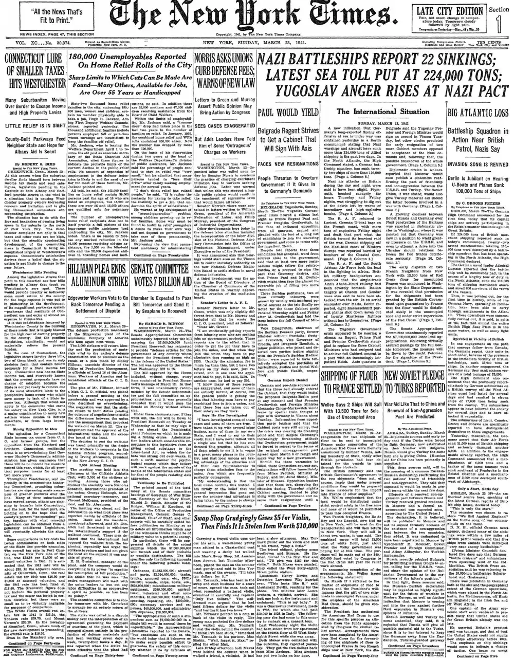 Sunday, March 23, 1941 – The New York Times Front Page