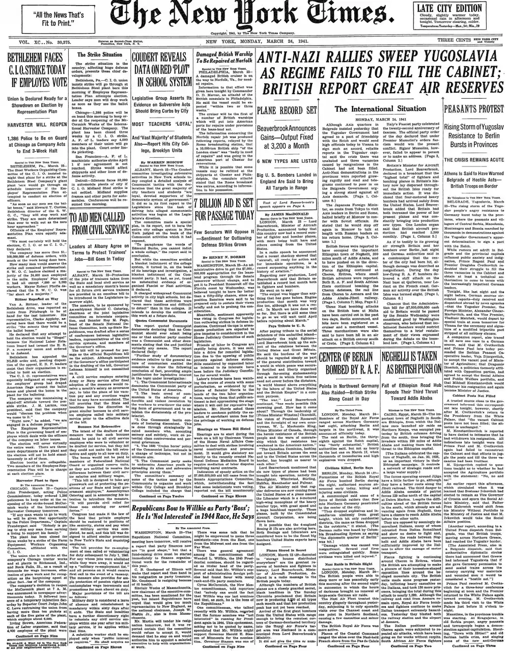 Monday, March 24, 1941 – The New York Times Front Page