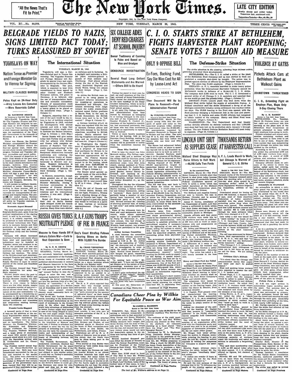 Tuesday, March 25, 1941 – The New York Times Front Page