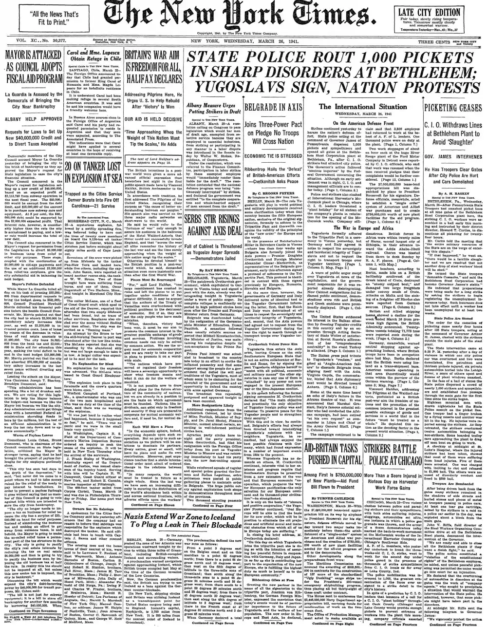 Wednesday, March 26, 1941 – The New York Times Front Page