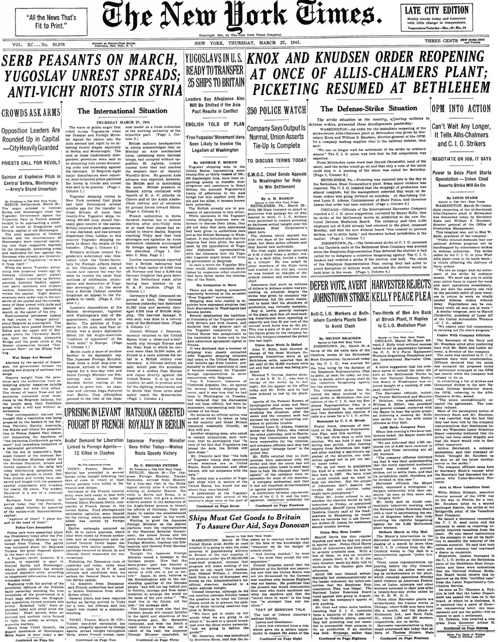 Thursday, March 27, 1941 – The New York Times Front Page