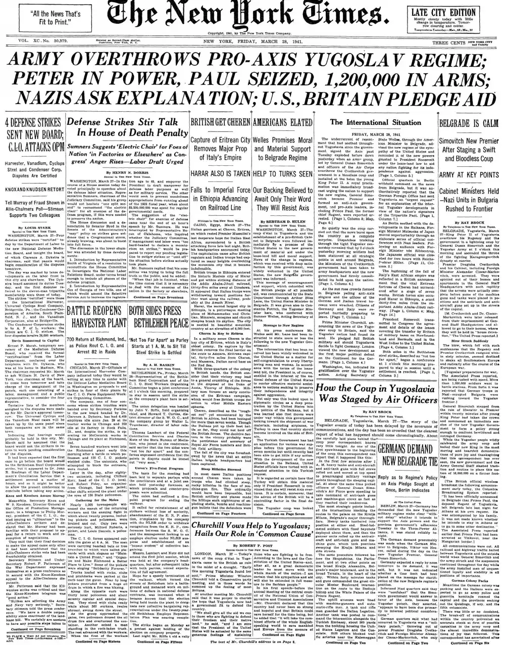 Friday, March 28, 1941 – The New York Times Front Page