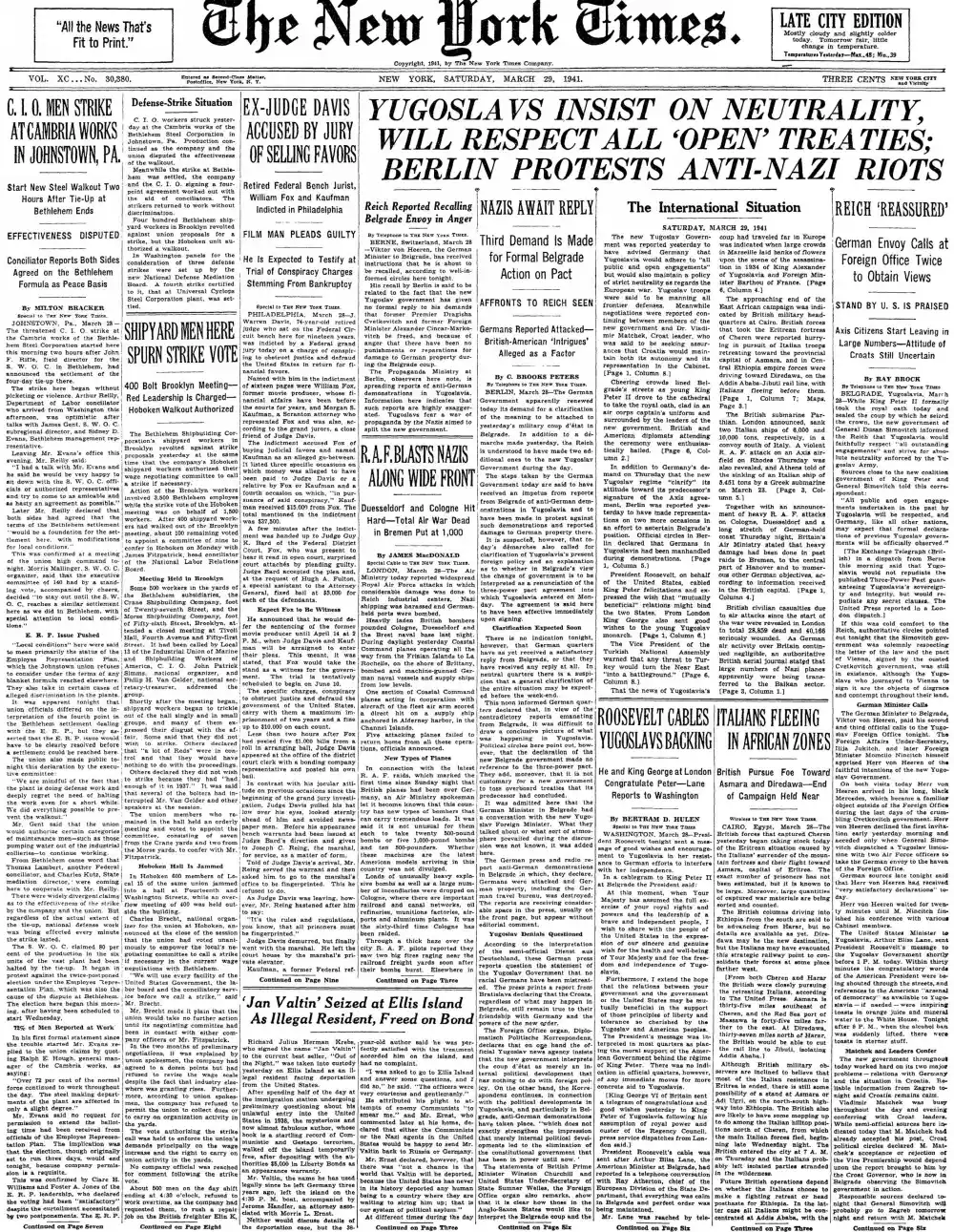 Saturday, March 29, 1941 – The New York Times Front Page
