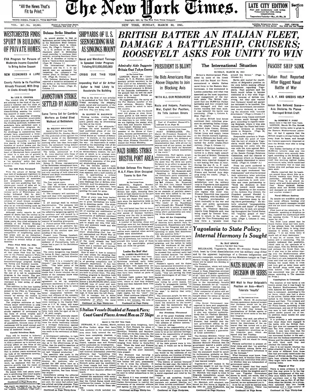 Sunday, March 30, 1941 – The New York Times Front Page