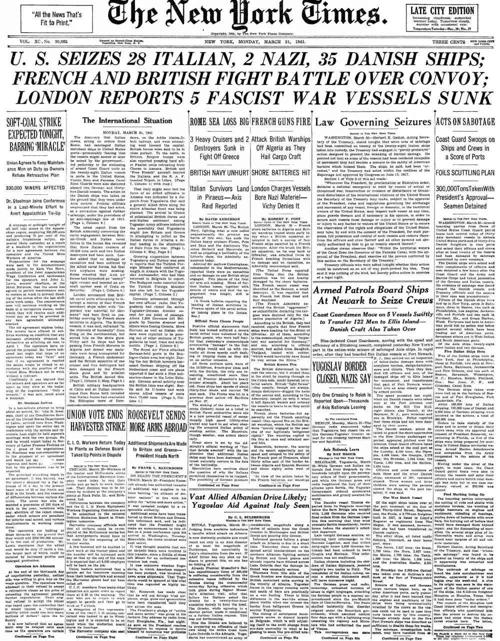 Monday, March 31, 1941 – The New York Times Front Page