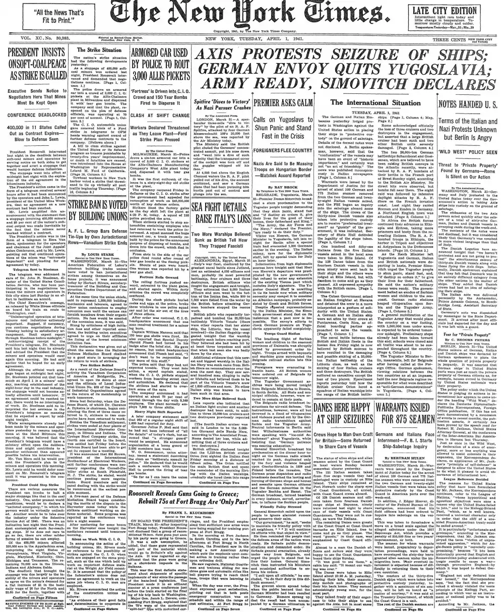 Tuesday, April 1, 1941 – The New York Times Front Page
