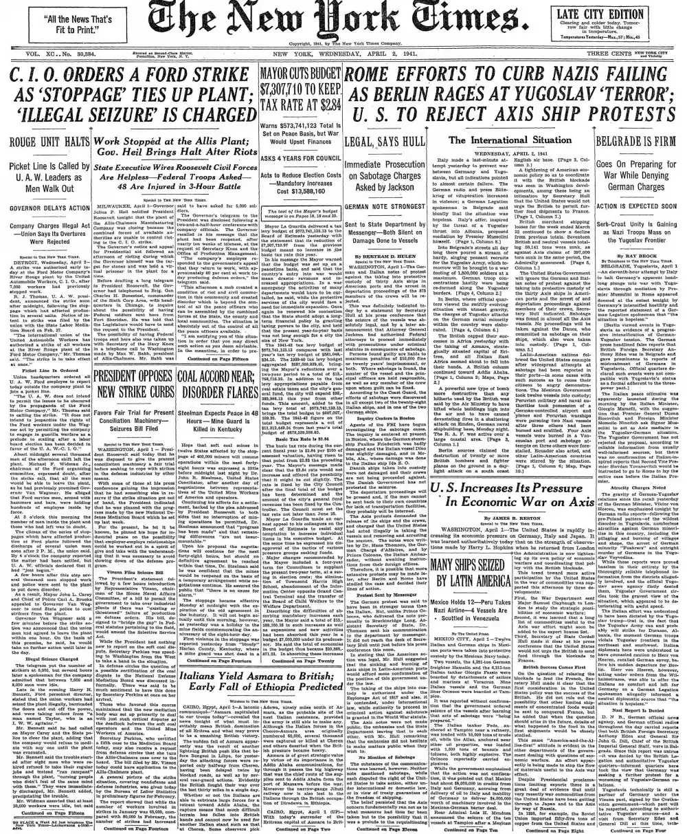 Wednesday, April 2, 1941 – The New York Times Front Page