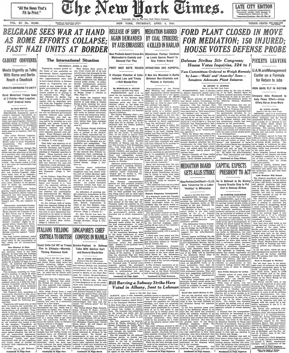 Thursday, April 3, 1941 – The New York Times Front Page