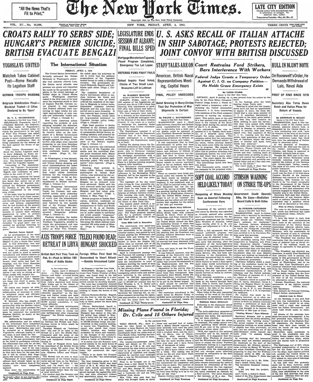 Friday, April 4, 1941 – The New York Times Front Page