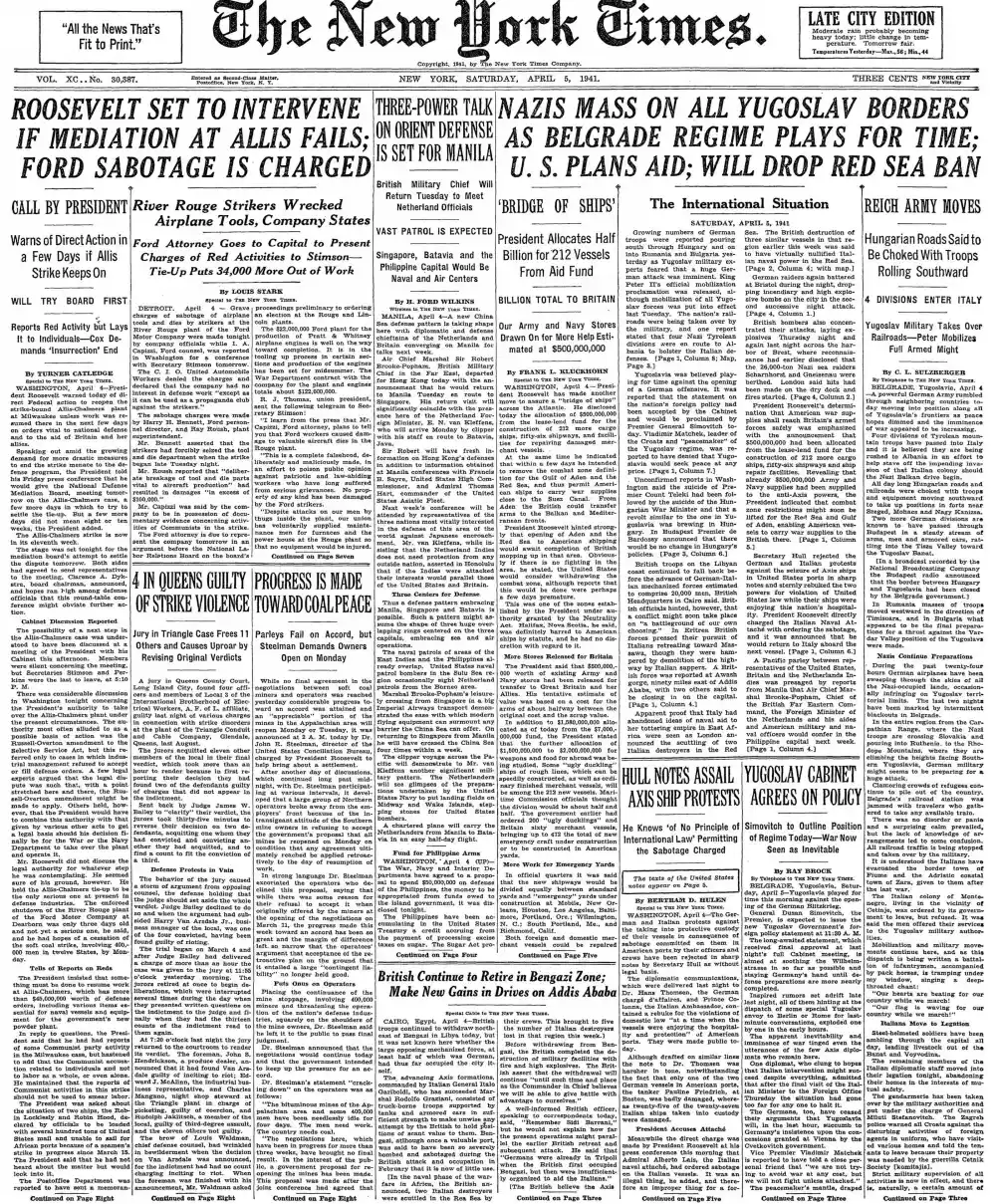 Saturday, April 5, 1941 – The New York Times Front Page