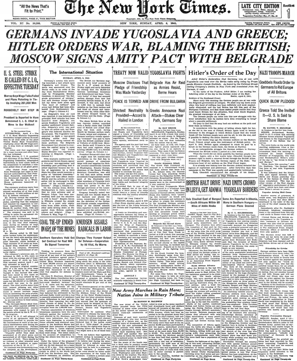 Sunday, April 6, 1941 – The New York Times Front Page