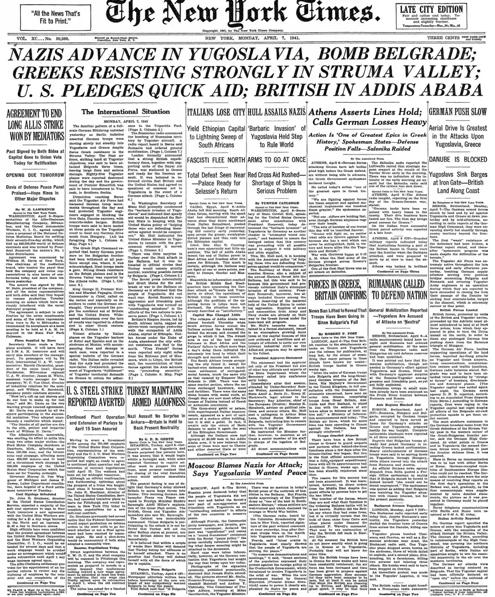 Monday, April 7, 1941 – The New York Times Front Page