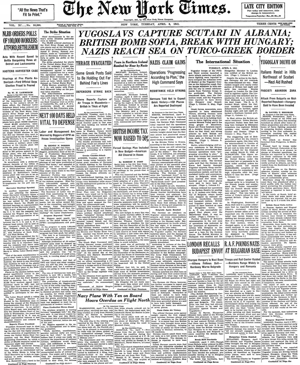 Tuesday, April 8, 1941 – The New York Times Front Page