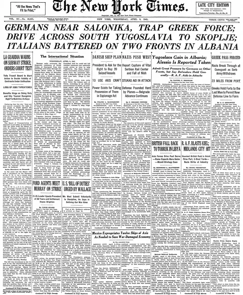 Wednesday, April 9, 1941 – The New York Times Front Page
