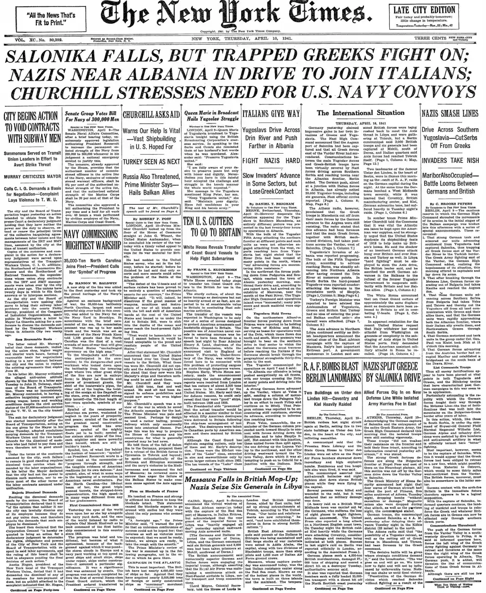 Thursday, April 10, 1941 – The New York Times Front Page
