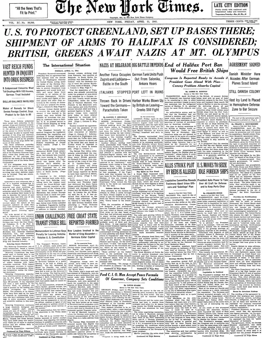 Friday, April 11, 1941 – The New York Times Front Page
