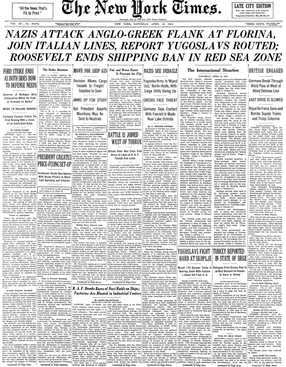 Saturday, April 12, 1941 – The New York Times Front Page