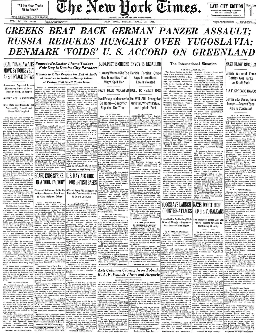 Sunday, April 13, 1941 – The New York Times Front Page