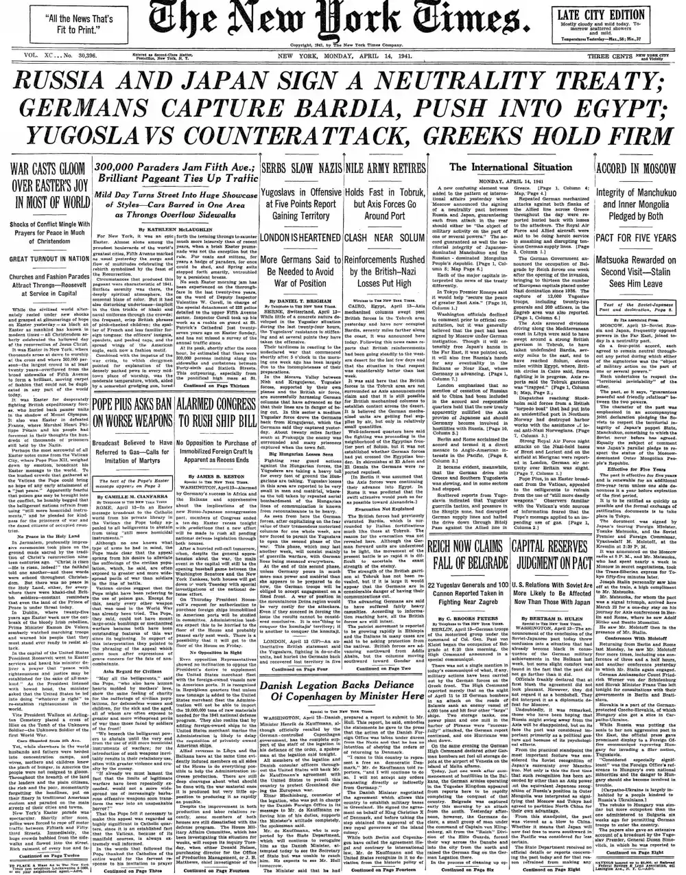 Monday, April 14, 1941 – The New York Times Front Page