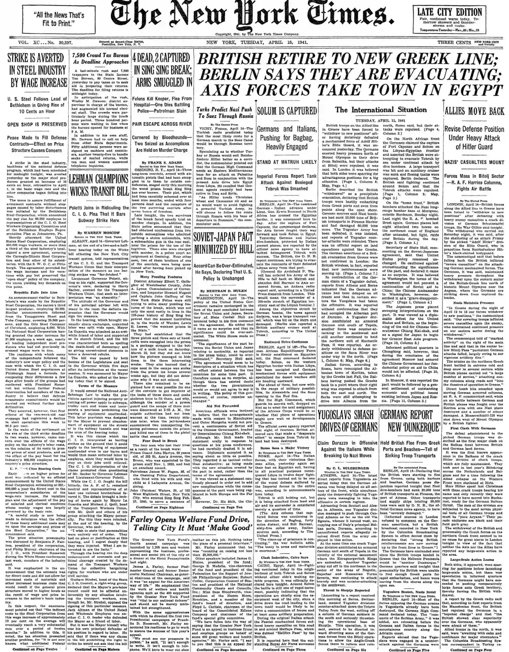 Tuesday, April 15, 1941 – The New York Times Front Page
