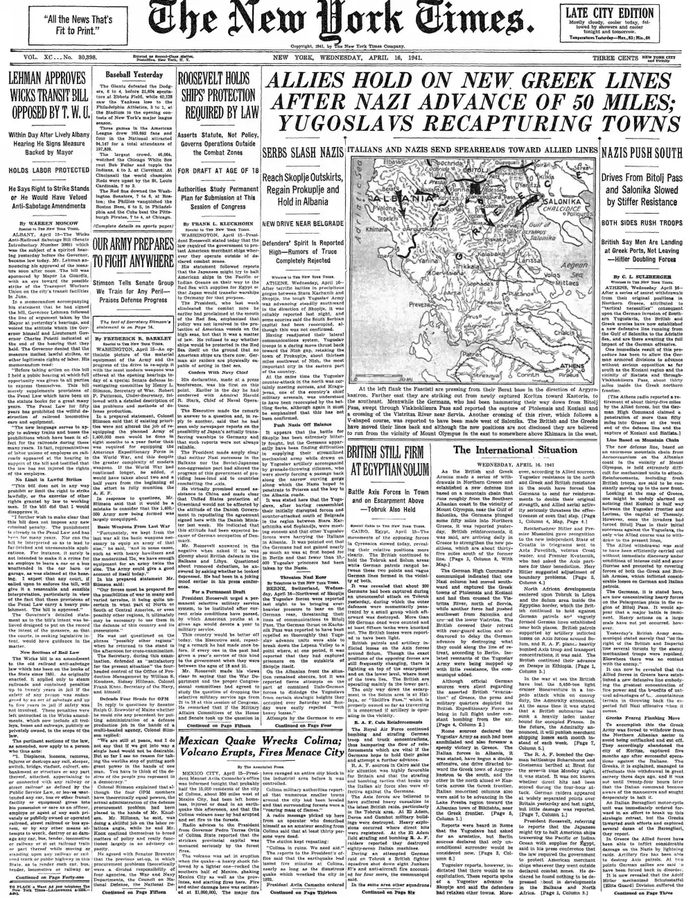 Wednesday, April 16, 1941 – The New York Times Front Page