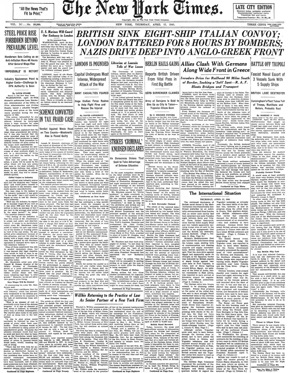 Thursday, April 17, 1941 – The New York Times Front Page